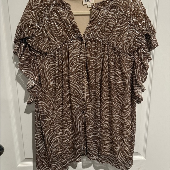 BiBi Brown and White sequin Zebra Print Blouse - Picture 2 of 7